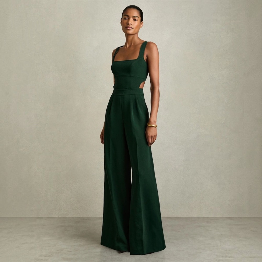 NEW REISS Dion Wide Leg Jumpsuit Green Size 4P Petite NWT